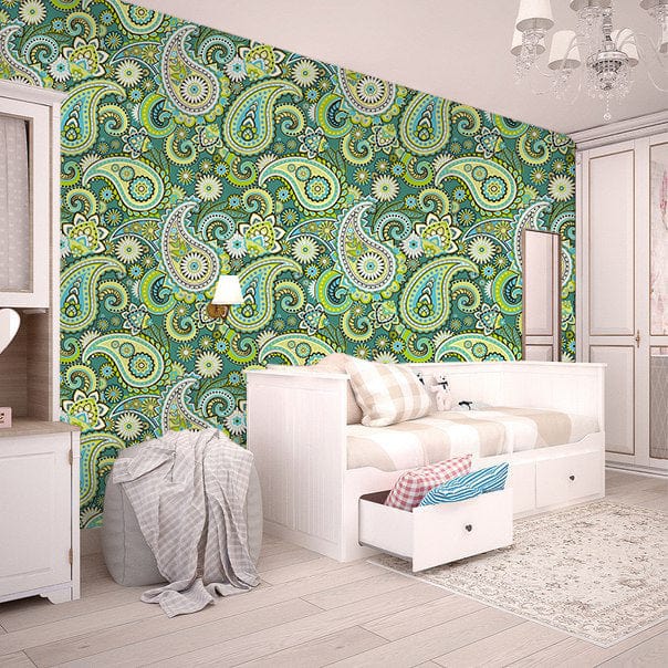 Vintage green paisley wallpaper in cosy bedroom, white furniture, light wood flooring, chic retro decor.