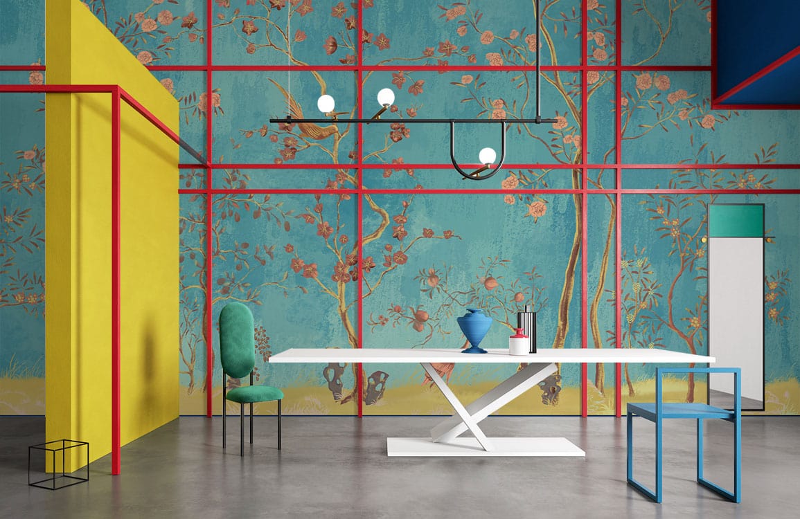 Elegant Turquoise Floral Mural Wallpaper with Birds, pink blossoms, minimalist furniture, modern dining room design.