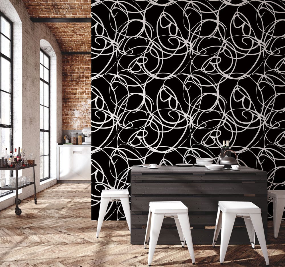 Intricate Art Nouveau wallpaper in black and white, modern kitchen style, herringbone wooden flooring.