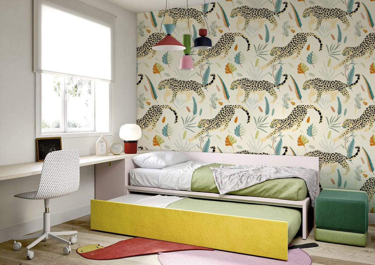 Elegant Jungle leopard print wallpaper in modern bedroom; single bed, colourful rug, and wooden flooring.