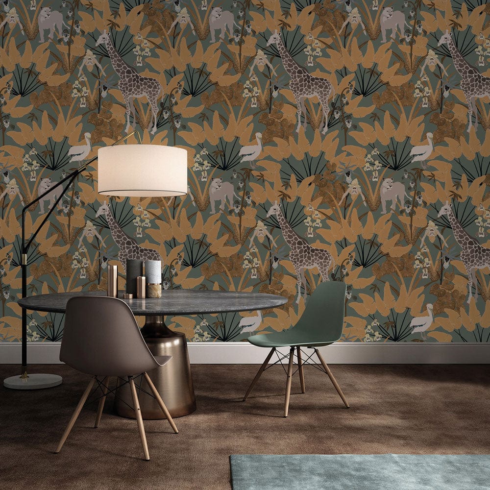 Tropical Safari wallpaper with giraffes, earthy green hues, dining room setting, modern chairs, carpet flooring.