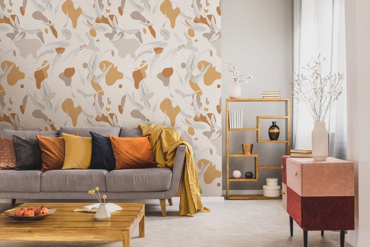 Contemporary Earth Tones Wallpaper in modern living room with grey sofa, wooden flooring, gold shelving unit.
