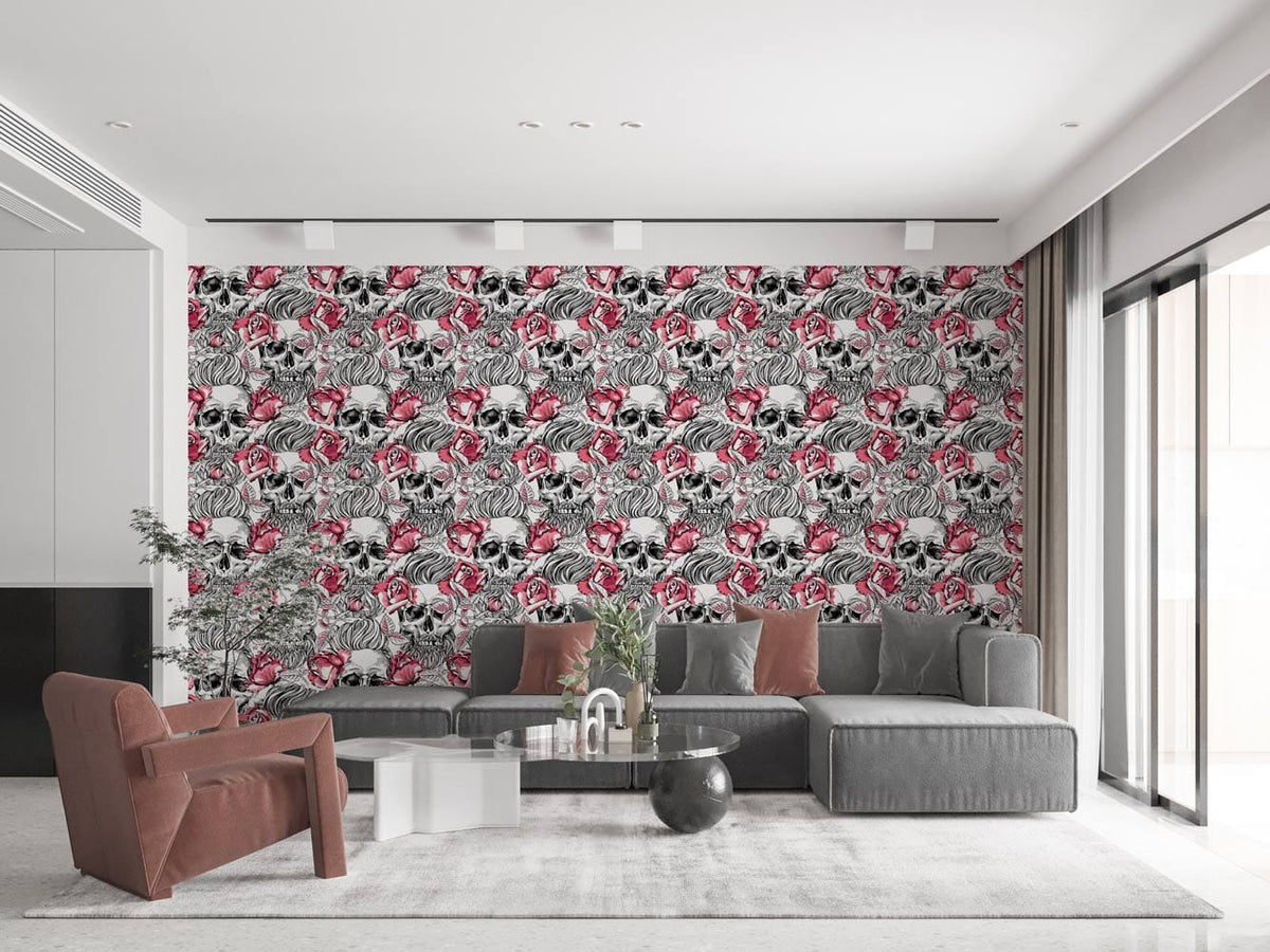 Black and White Skull Tattoo Art Wallpaper with Red Roses, grey sofa, modern living room design.
