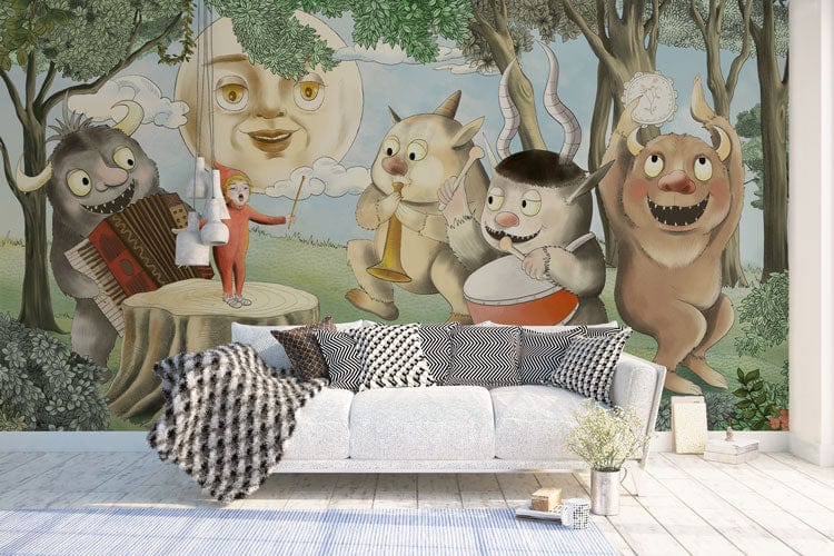 Whimsical Forest Creatures mural wallpaper with playful design; light grey sofa, wood flooring, living room.