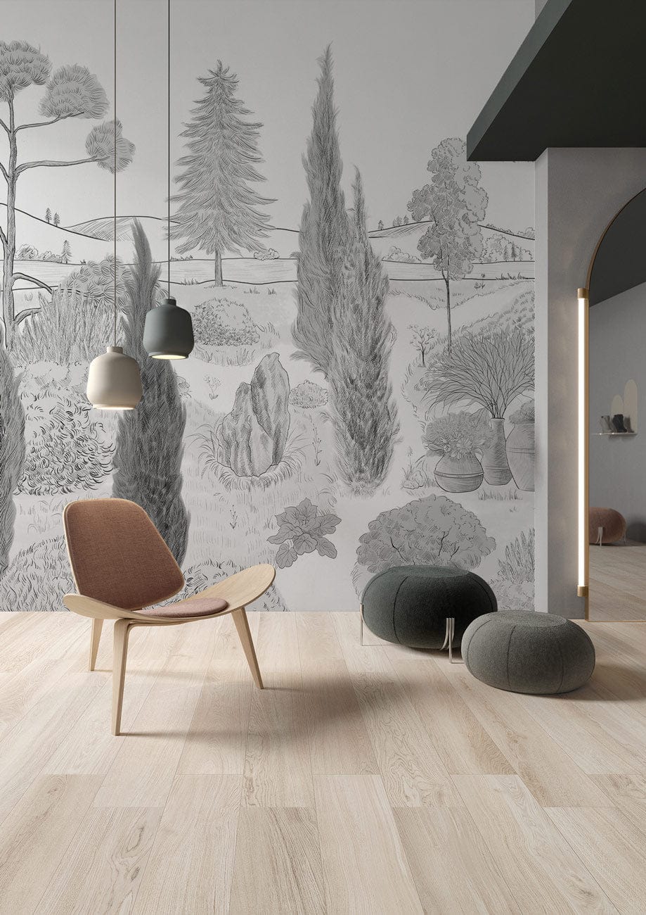Elegant Grey Landscape Mural: Vintage nature design, wooden chair, grey pouffes, light wood flooring.