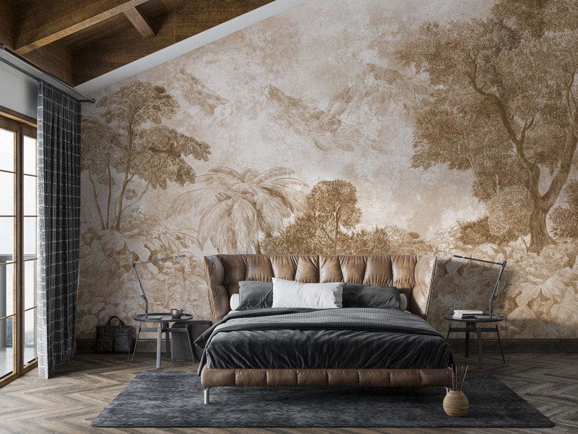 Bedroom with Vintage Sepia Woodland Fantasy Mural Wallpaper, rustic bed, dark rug, wooden flooring.