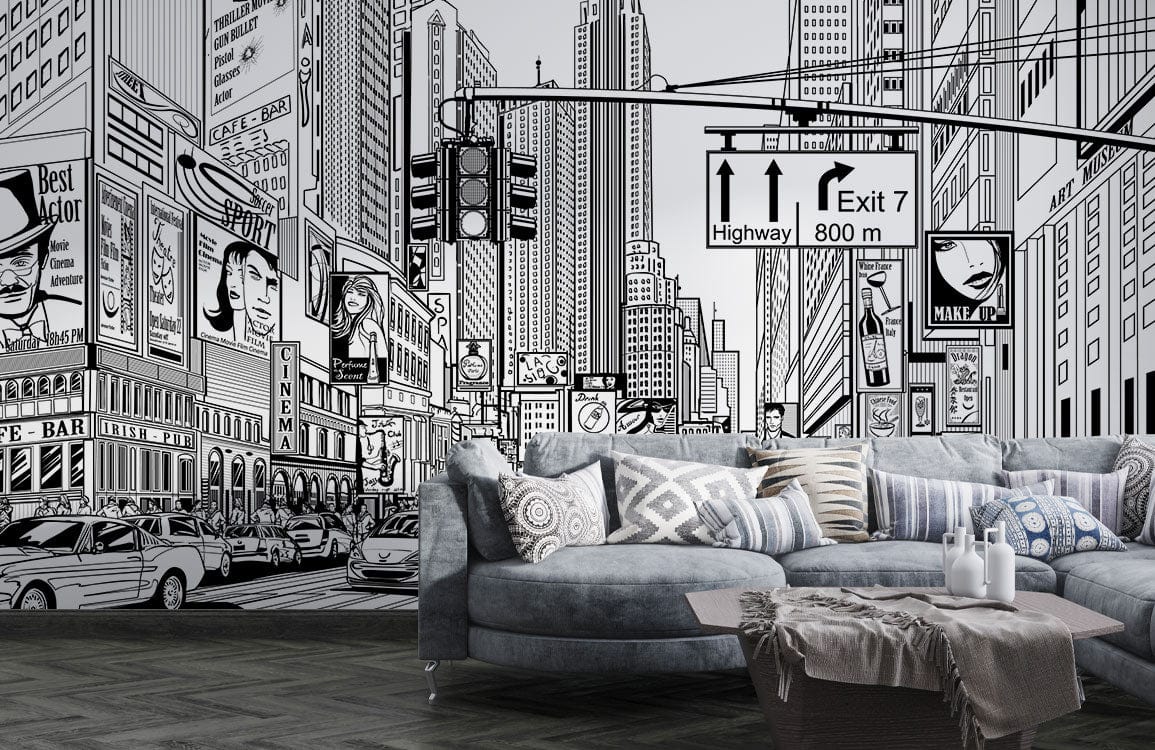 Monochrome cityscape mural in modern living room with grey sofa, hardwood floor, stylish urban decor.