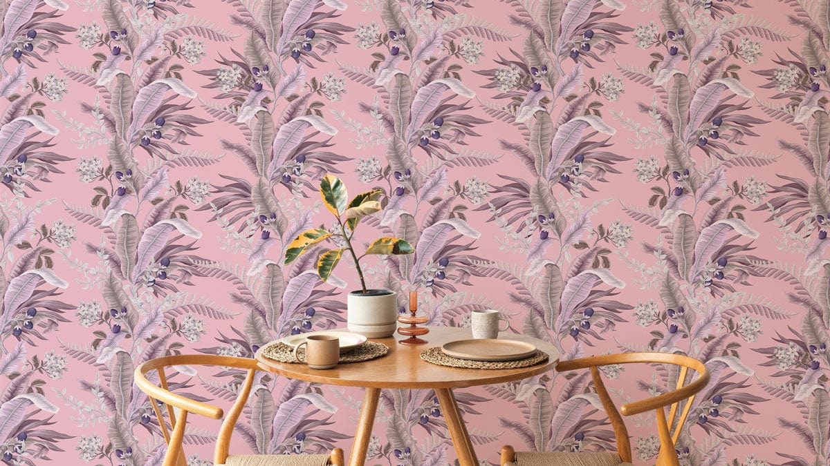 Pink botanical floral wallpaper, wooden dining table with chairs, vintage charm, stylish room decor.