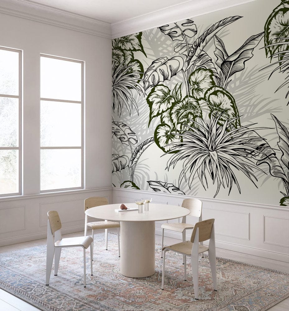 Tropical green jungle pattern wallpaper; monochrome elegance, dining room setting, round table, wooden chairs.