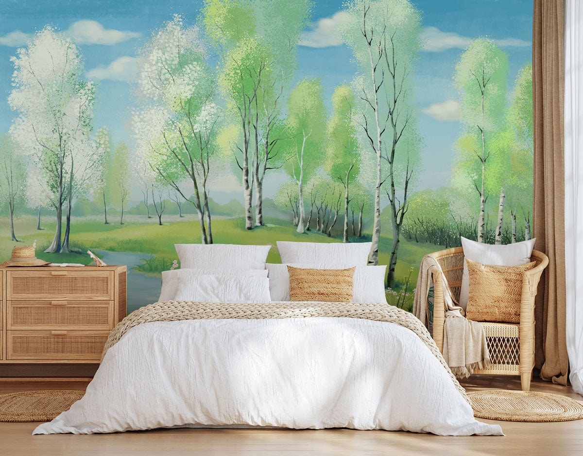 Tranquil Spring Birch Forest Mural with wicker chair, white bedding, and wooden furniture accents.