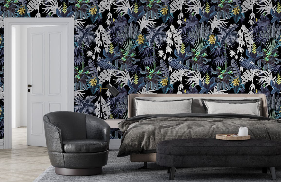 Elegant bedroom with dark botanical jungle pattern wallpaper, blue and green tones, grey furniture.