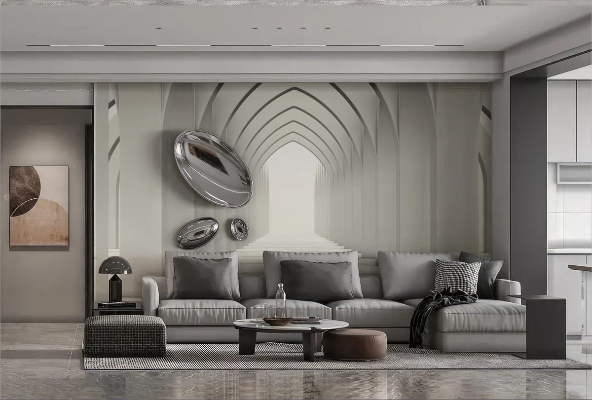 Elegant Gothic archway mural wallpaper in modern grey living room with sleek sofa and polished flooring.