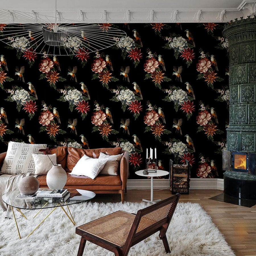 Elegant dark floral wallpaper mural in vintage living room with brown leather sofa and stylish decor.