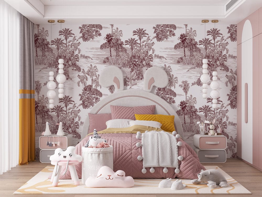 Child's bedroom with Tropical Oasis sepia-tone botanical wallpaper, pink bedding, modern lighting, wooden floor.