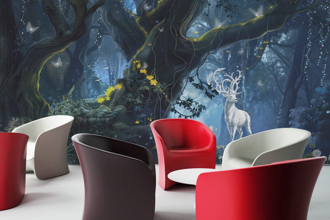 Modern room with Mystical Enchanted Forest Stag Wallpaper featuring red and grey contemporary chairs.