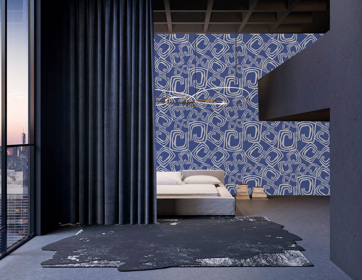 Modern bedroom with Abstract Blue Geometric Pattern Wallpaper, grey flooring, dark curtains, ceiling decor.