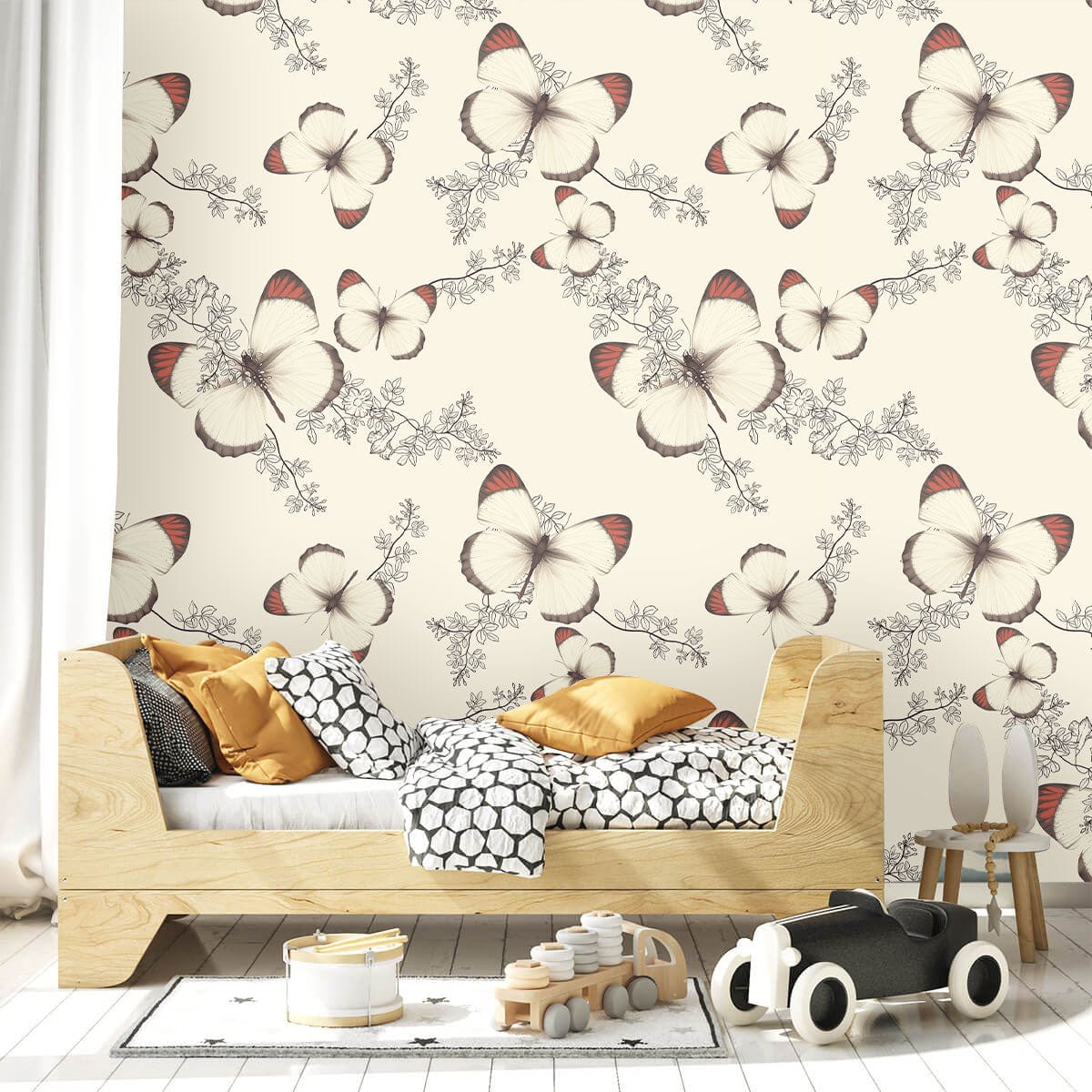 Vintage Botanical Butterfly Wallpaper with cream and rust pattern, wooden bed, children's room decor.
