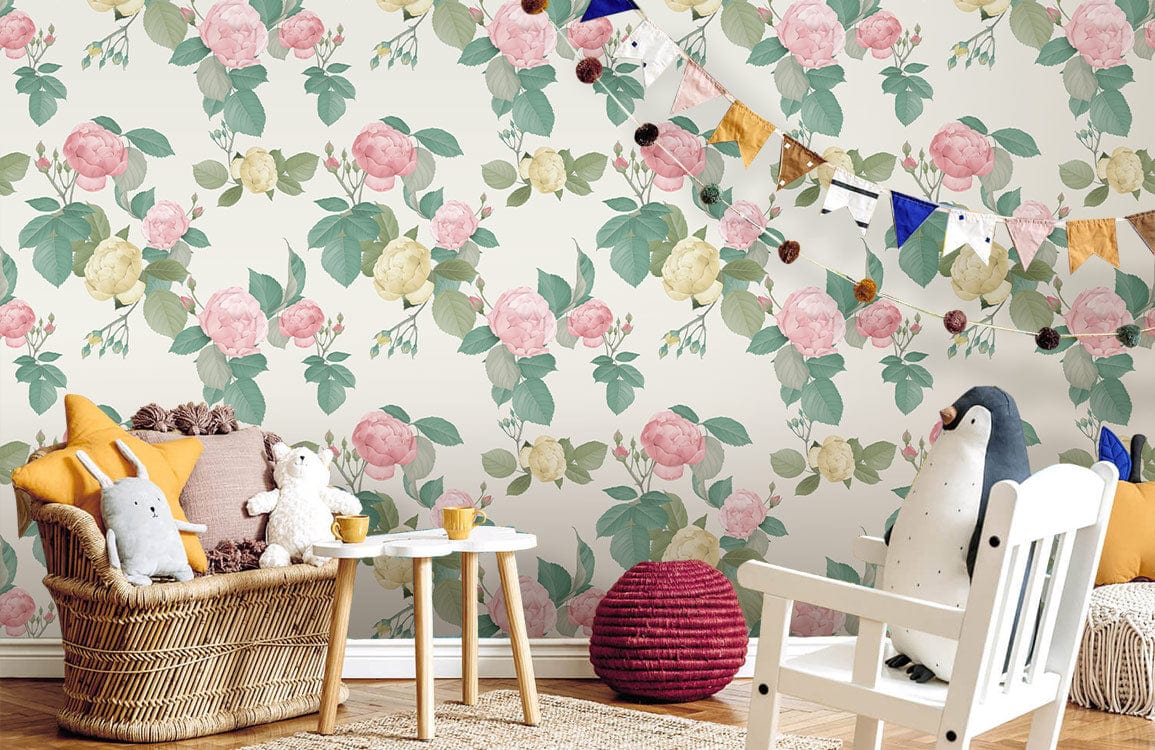 Children's room with Vintage Floral Pastel Botanical Pattern Wallpaper, wicker chair, and playful decor.