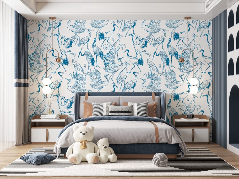 Elegant Blue Heron Pattern Wallpaper in modern bedroom with grey bed, striped rug, and wooden flooring.