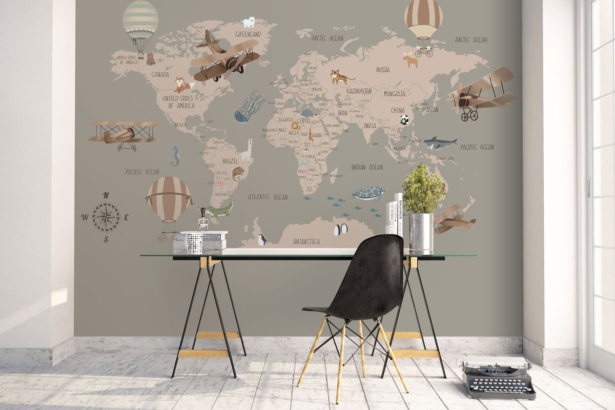 Vintage world map mural with aeroplanes, animals in taupe tones; modern desk, black chair, tiled floor.