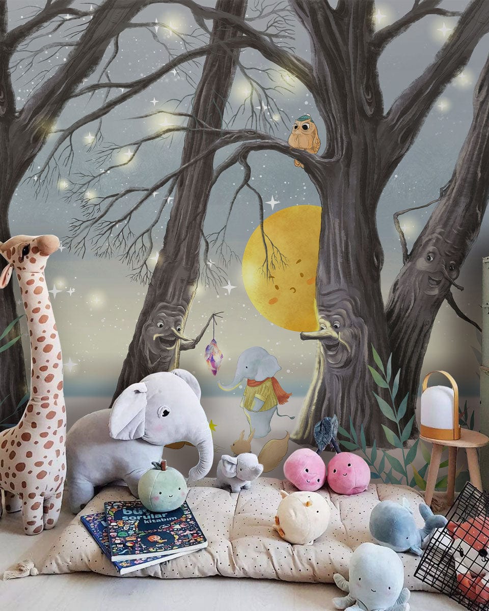 Magical woodland creatures mural wallpaper, cosy room decor, plush animals on soft floor seating, night sky.