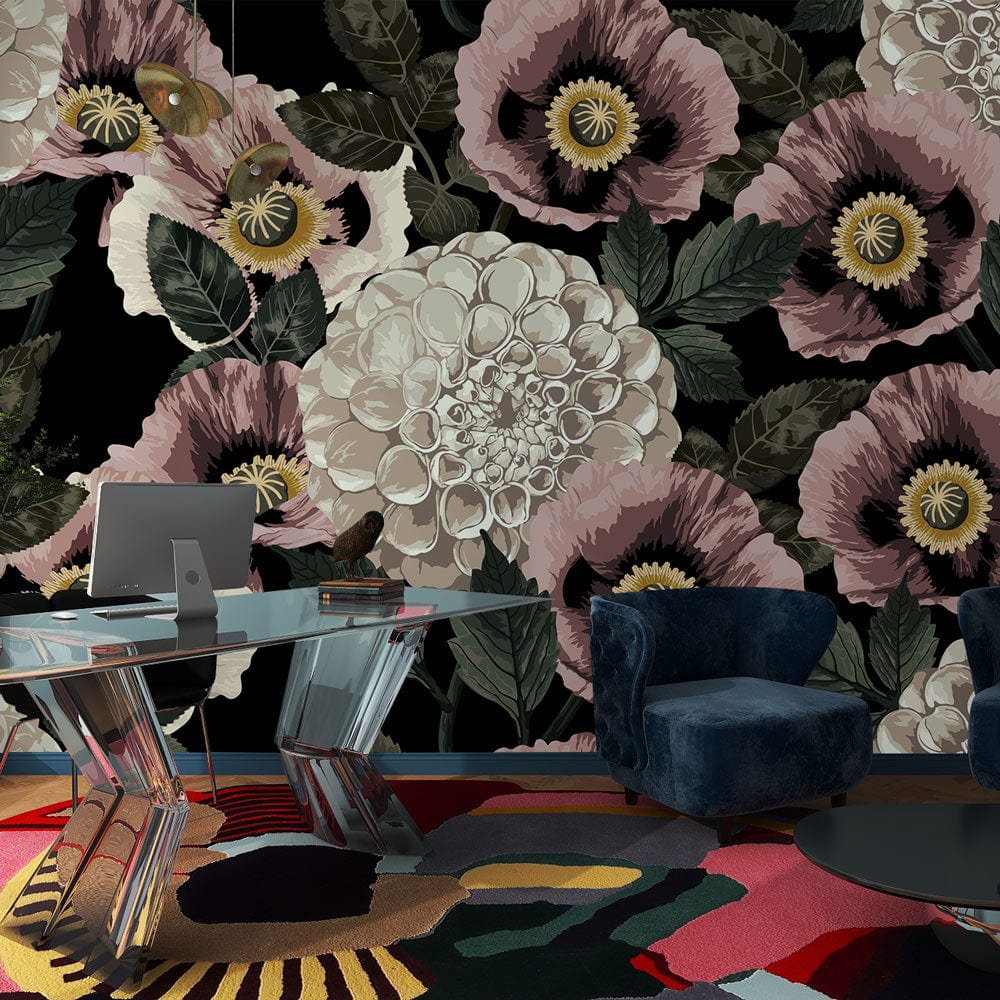 Vintage floral dark botanical wallpaper, mauve and cream; modern glass table and navy velvet chairs.