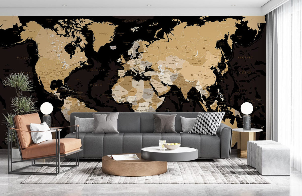 Vintage World Map Mural Wallpaper, black-beige, grey sofa, modern lamps, minimalist living room, chic decor.
