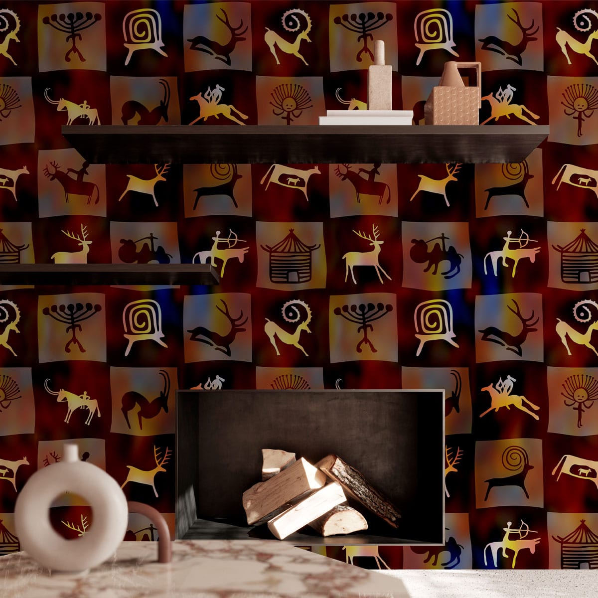 Rustic Tribal Animal Pattern Wallpaper in warm tones, living room with marble flooring, floating shelves.