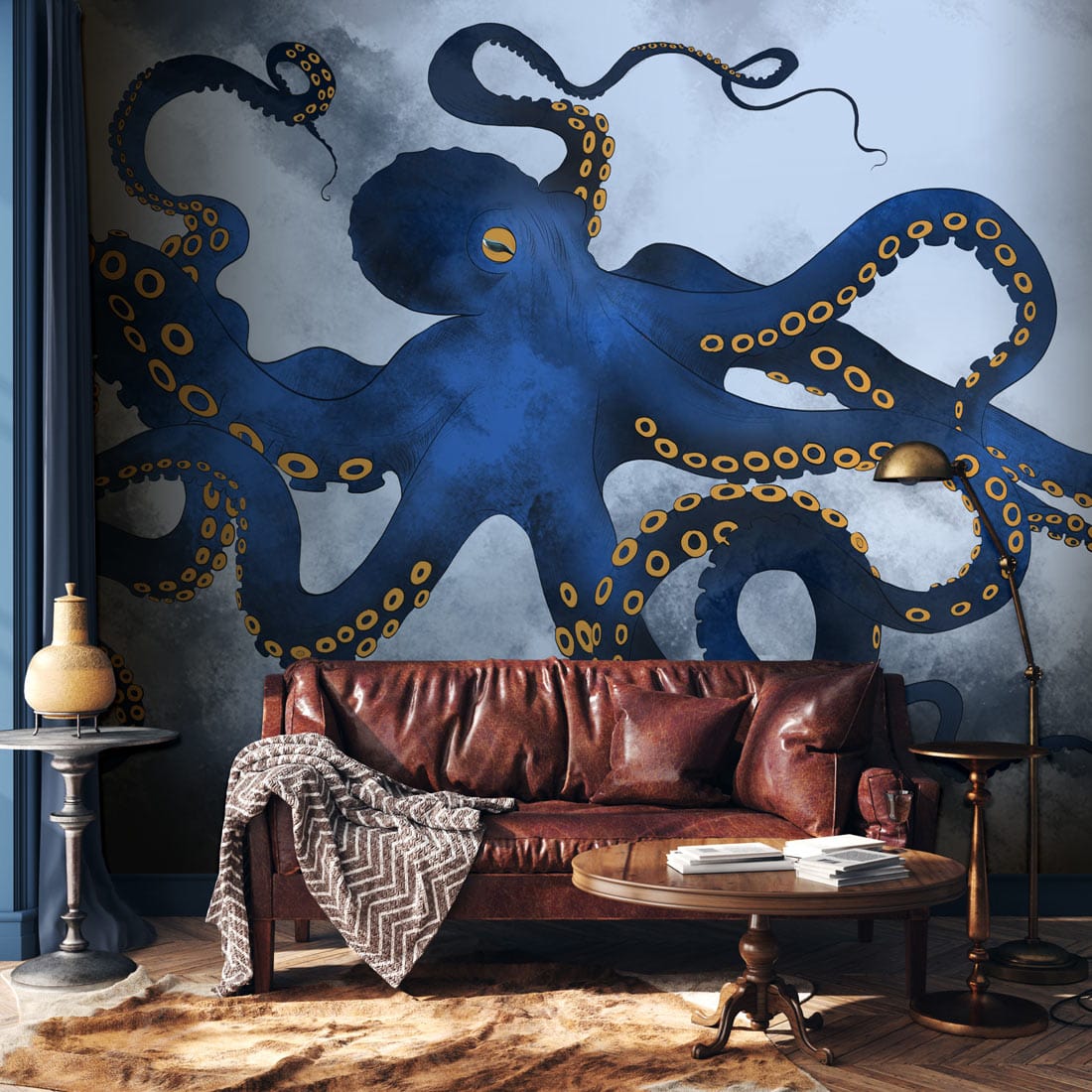 Deep Blue Ocean Octopus Mural on wall, brown leather sofa, rustic wood flooring, stylish lamp.