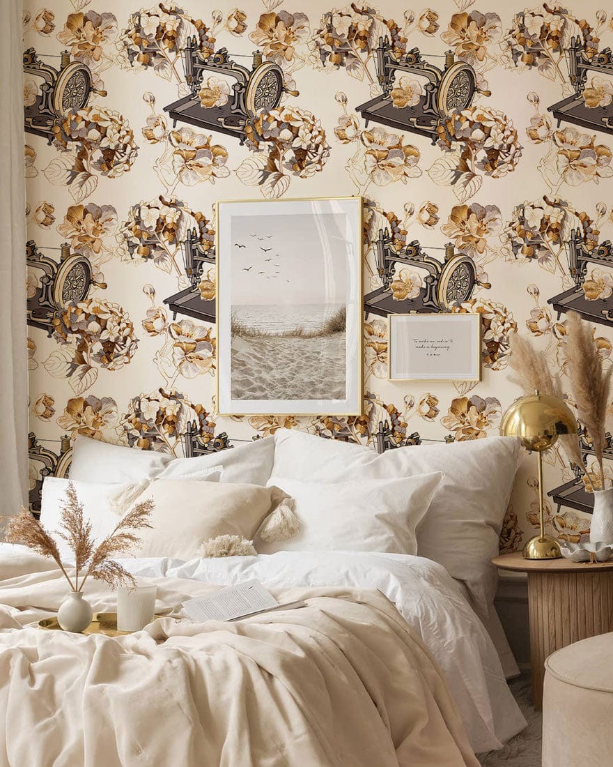Vintage floral wallpaper, warm tones, vintage sewing machine, cosy bedroom, layered bedding, neutral decor.