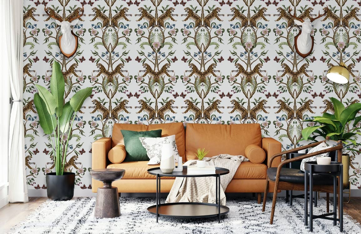 Victorian style vintage floral wallpaper, earthy tones, brown sofa, modern living room, stylish decor.