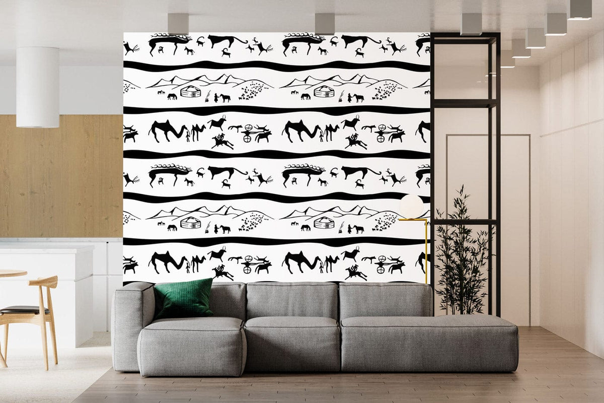 Black and White Tribal Animal Print Wallpaper in modern living room with grey sofa and wooden flooring.