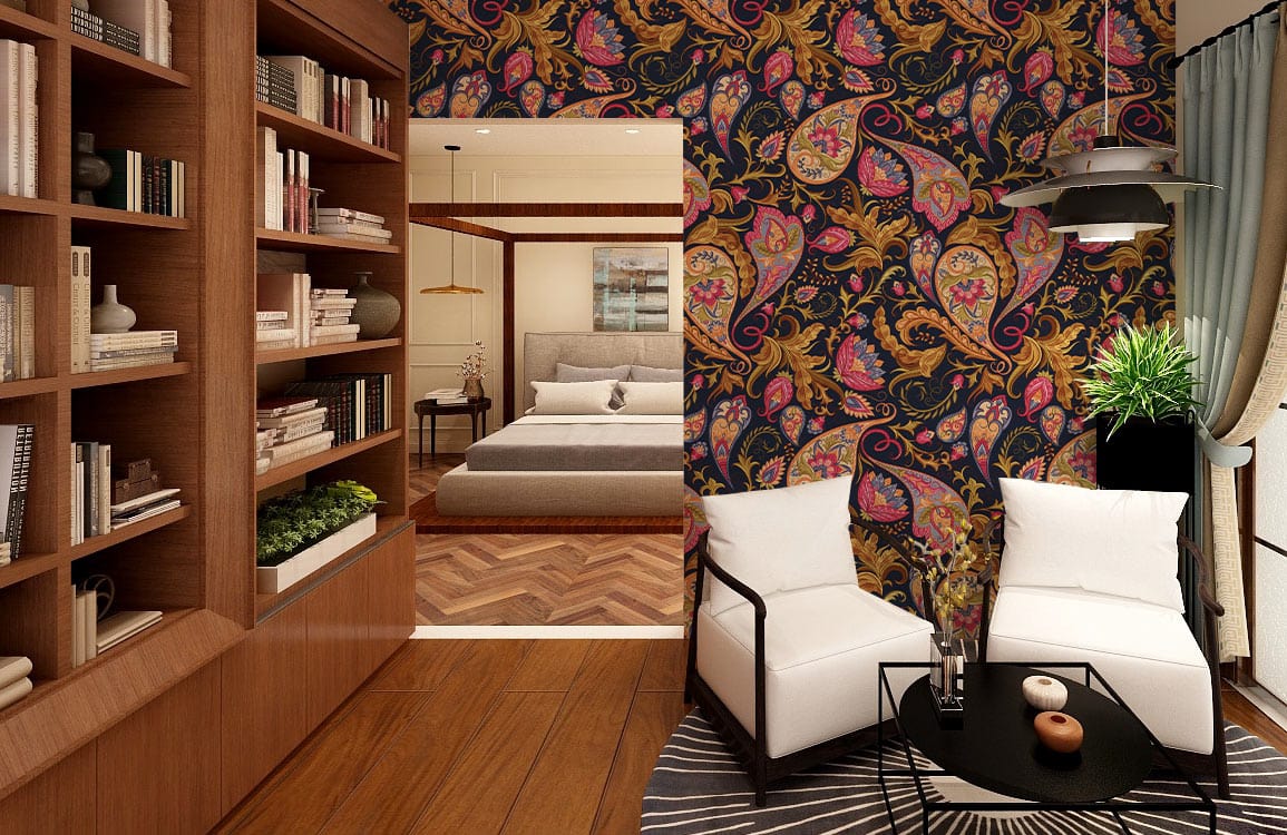 Elegant Paisley Charm wallpaper in cosy living room with modern white chairs, wooden flooring, and bookshelves.