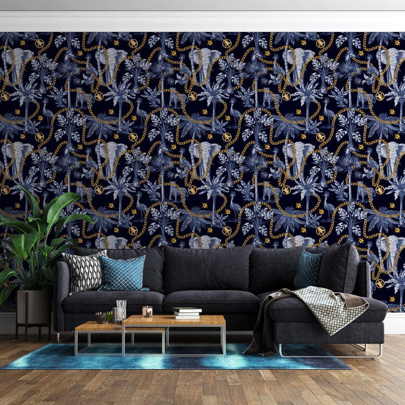 Elegant blue elephant wallpaper with golden accents, dark sofa, wooden floor, lush plant, vibrant rug.
