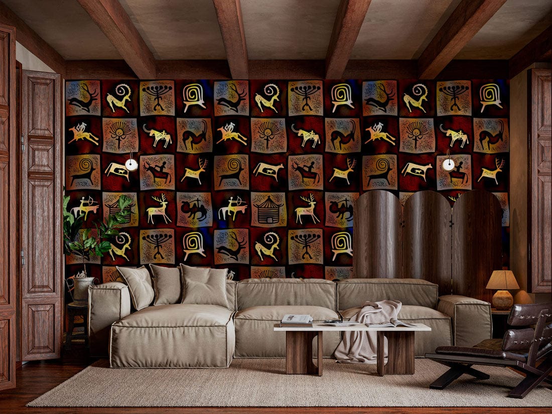 Rustic Tribal Motif Mural Wallpaper in earthy tones, beige sofa, wooden floor, bohemian living room.