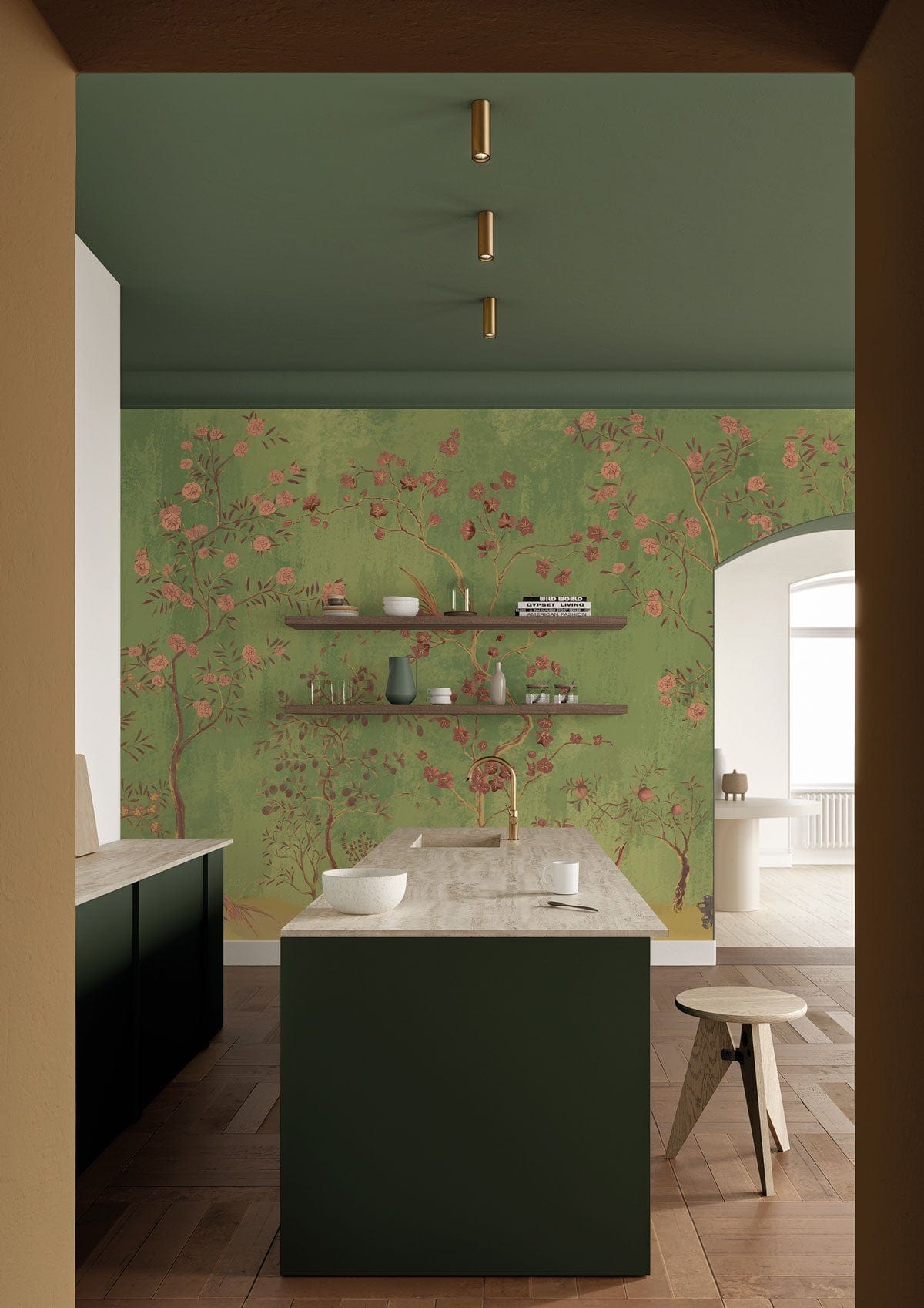 Elegant Green Chinoiserie Garden Wallpaper in modern kitchen with marble island, dark cabinets, wooden flooring.