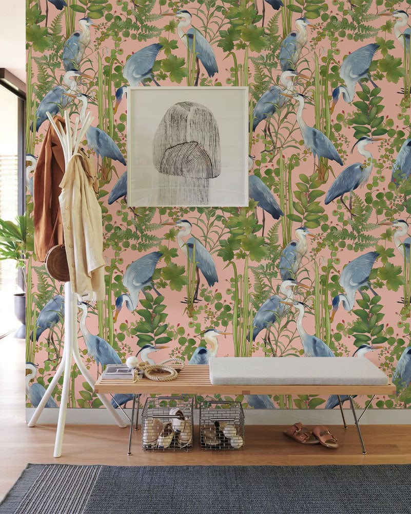 Exotic Blue Heron botanical mural in hallway with light oak flooring and modern bench.