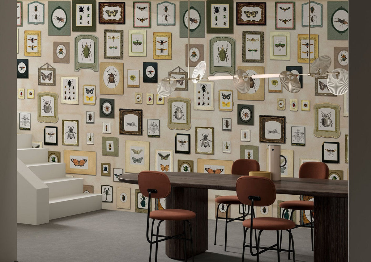 Antique insect mural wallpaper in earthy tones adorns dining room with modern furniture and grey flooring.