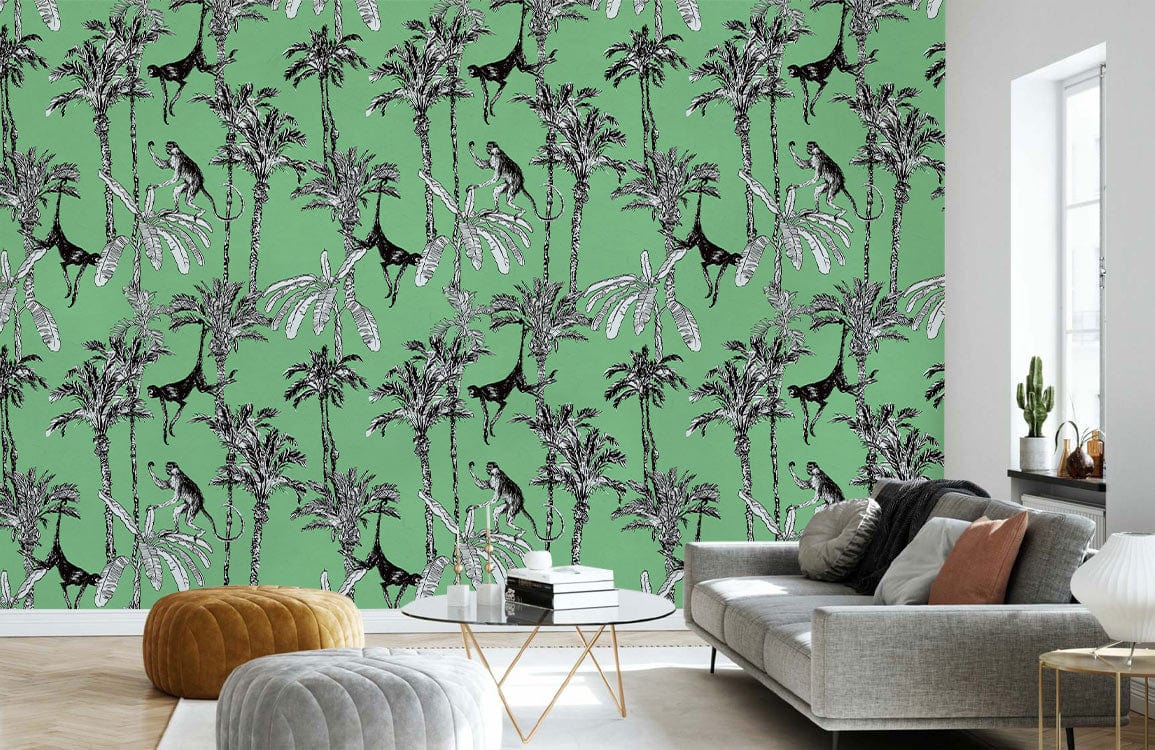 Tropical Jungle wallpaper with monkeys, palms; grey sofa, modern living room decor, neutral flooring.