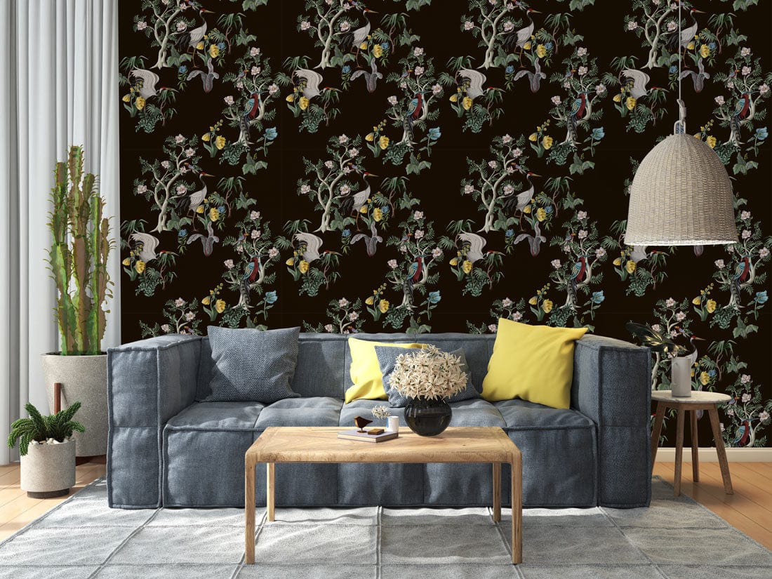 Vintage Botanical Garden tapestry wallpaper, grey sofa, light wood flooring, living room setting, stylish decor.