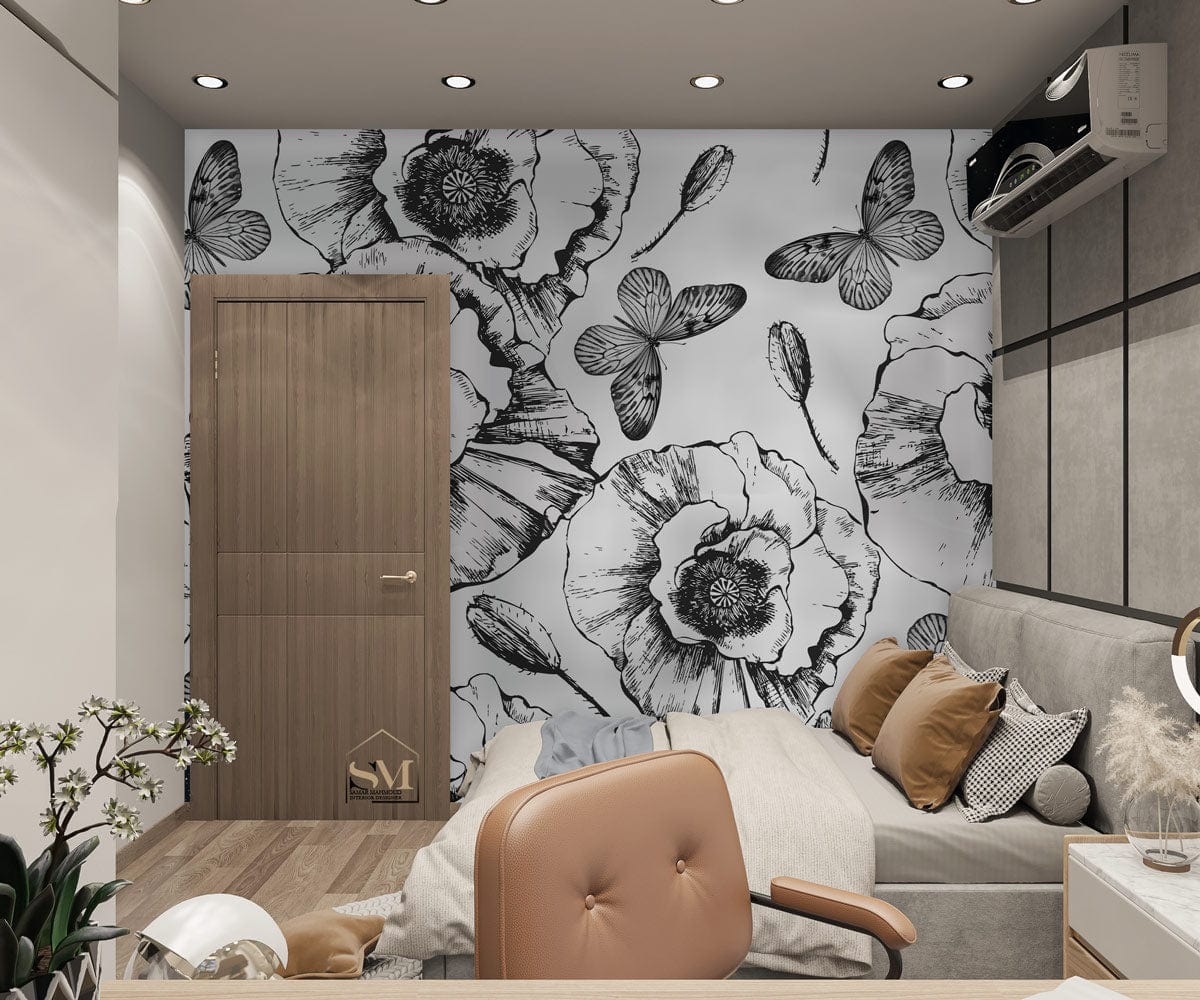 Monochrome Floral Butterflies wallpaper in modern living room with grey sofa and wooden flooring.