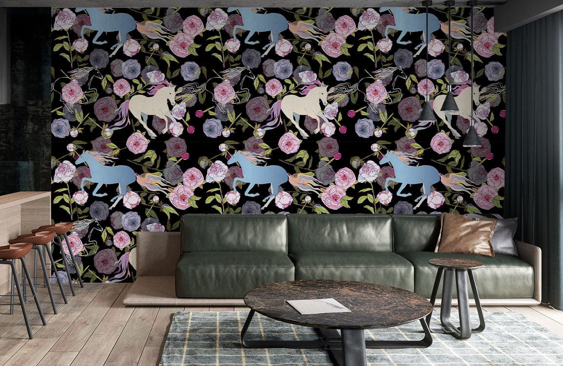 Whimsical Unicorn Floral Fantasy Wallpaper; green leather sofa, wooden flooring, modern living room decor.