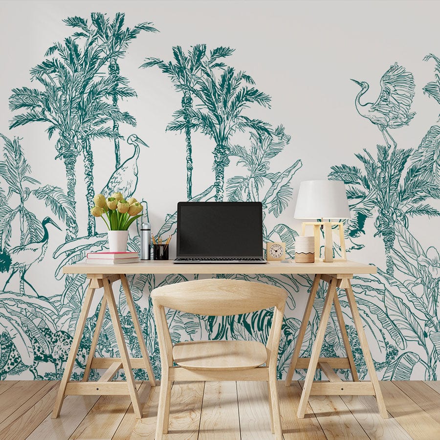 Tropical Safari green jungle mural wallpaper, exotic wildlife design, desk, wooden chair, light wood flooring.