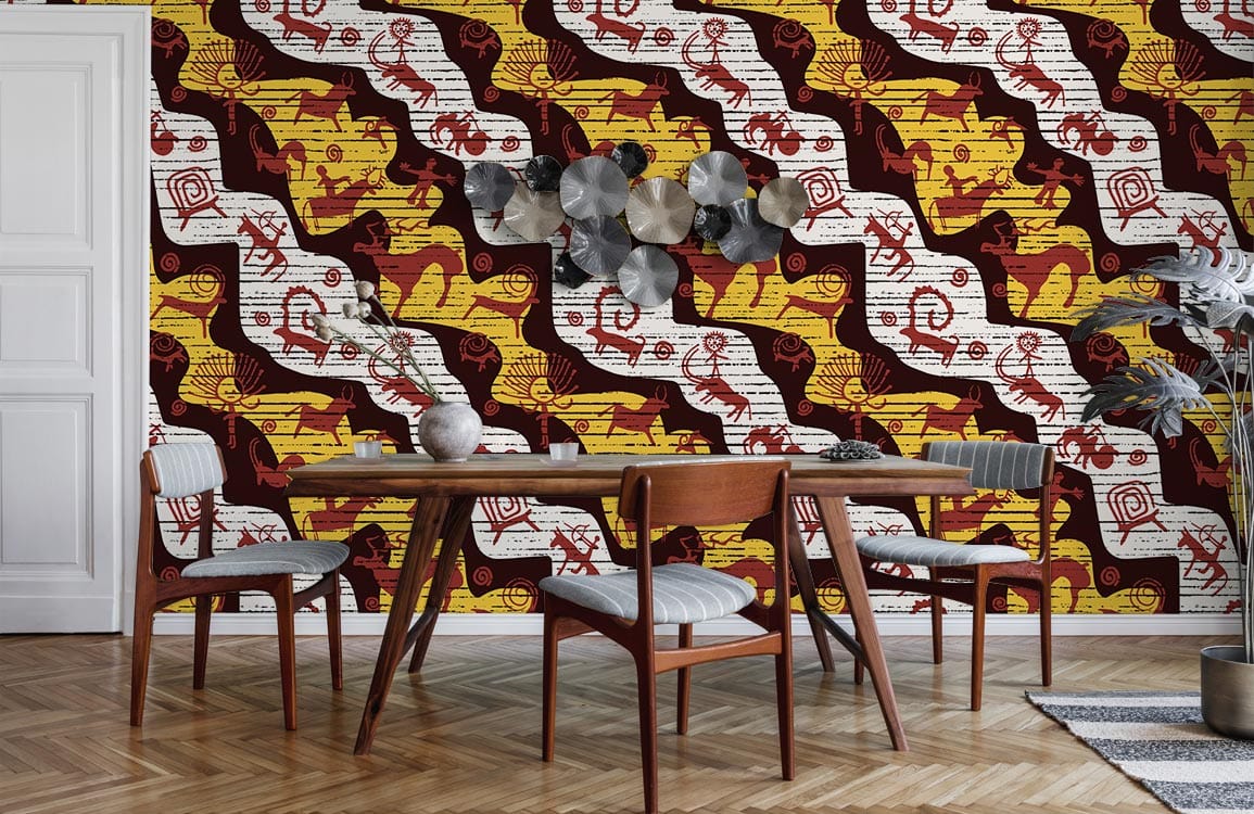 Rustic tribal wallpaper, earthy tones, dining table, grey chairs, wooden flooring, contemporary decor.