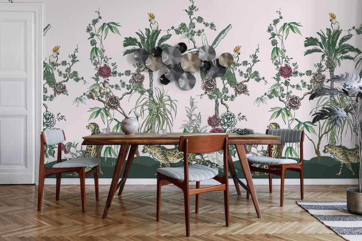Dining room with Exotic Jungle Paradise Mural, wooden table, chairs, contemporary wall Décor, parquet flooring.