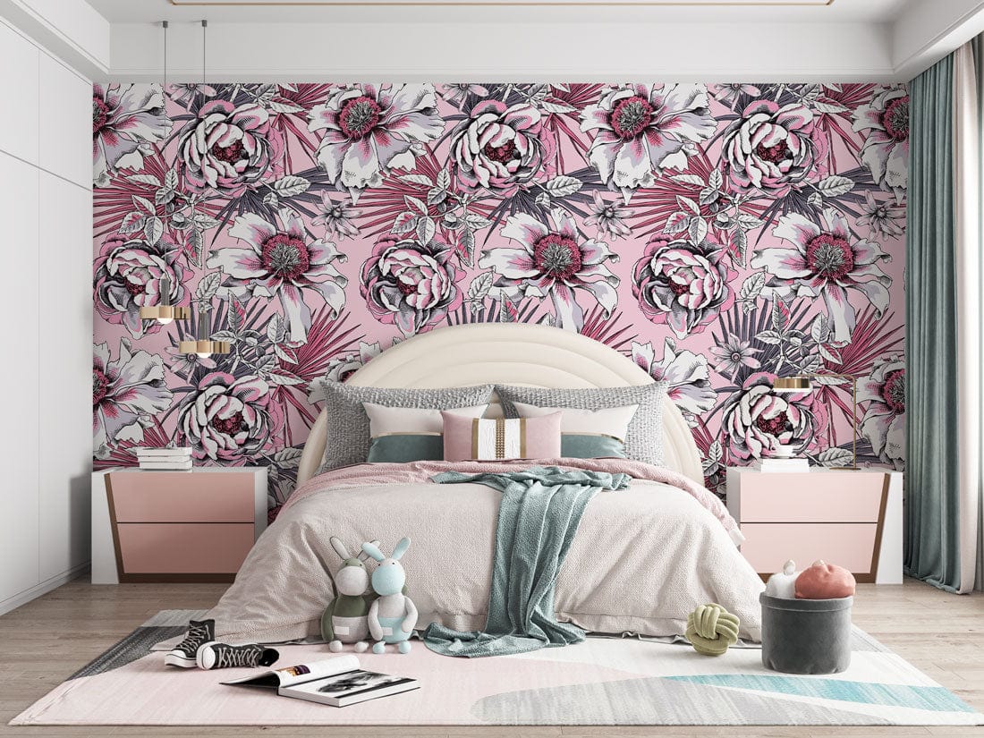 Elegant pink floral wallpaper in bedroom, plush bed, pastel nightstands, neutral flooring, chic decor.