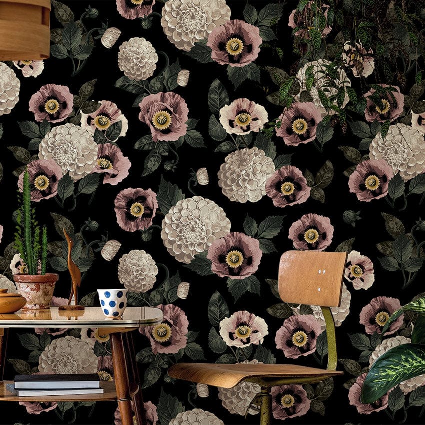 Vintage floral wallpaper with pink cream blooms, wooden chair, and modern glass table set.