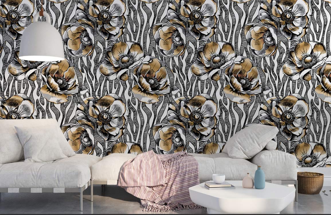 Vintage botanical floral wallpaper in black and gold pattern, modern living room, white sofas, pendant lamp.