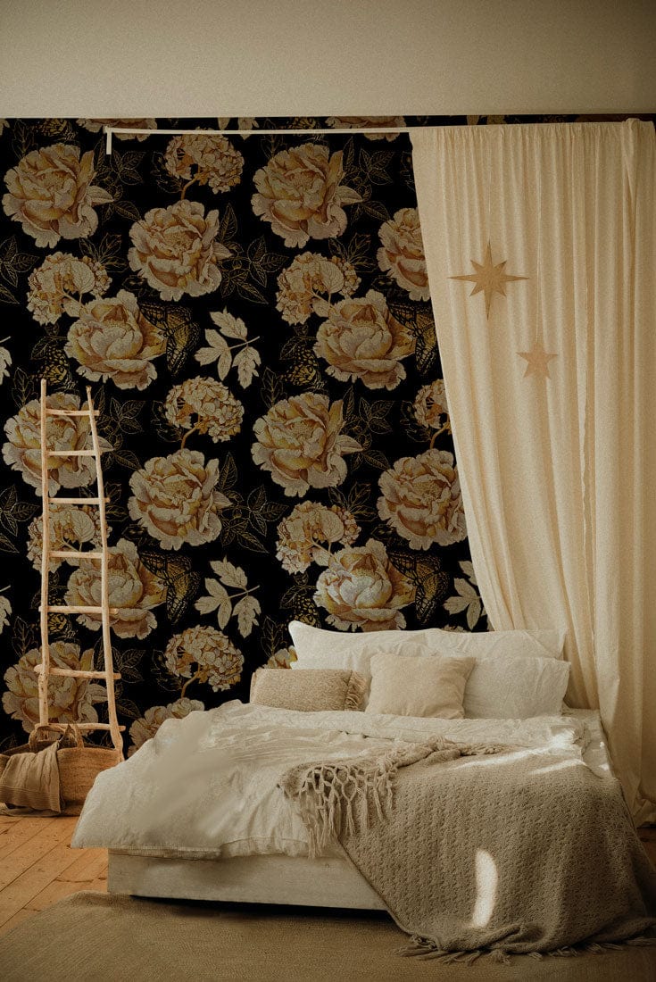 Elegant Vintage Floral Wallpaper with gold roses in bedroom, cream bedding, wooden ladder, soft lighting.