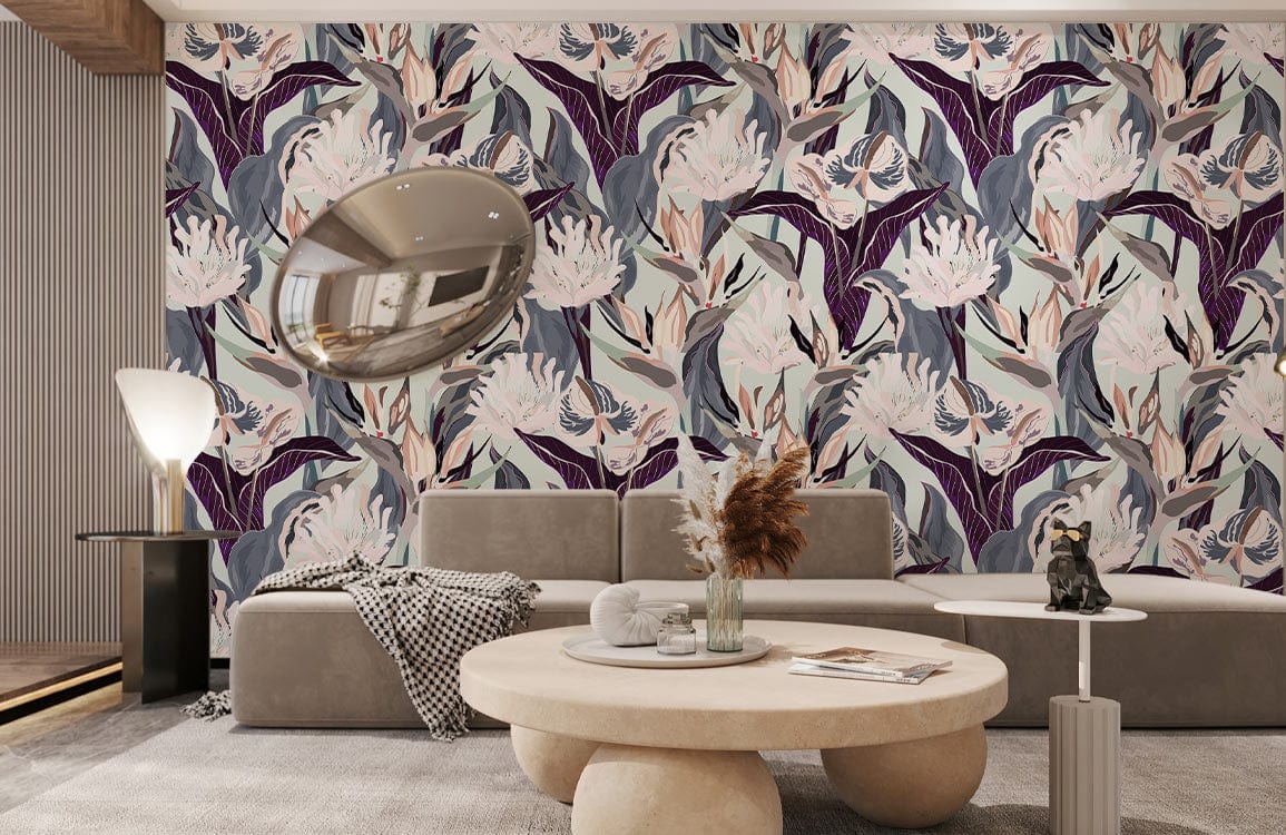 Floral Elegance wallpaper, lilac and sage mural, grey sofa, modern decor, chic living room setting.